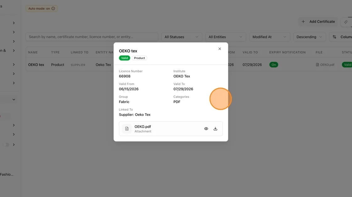 Click View from the dropdown menu to open a summary of the certificate.