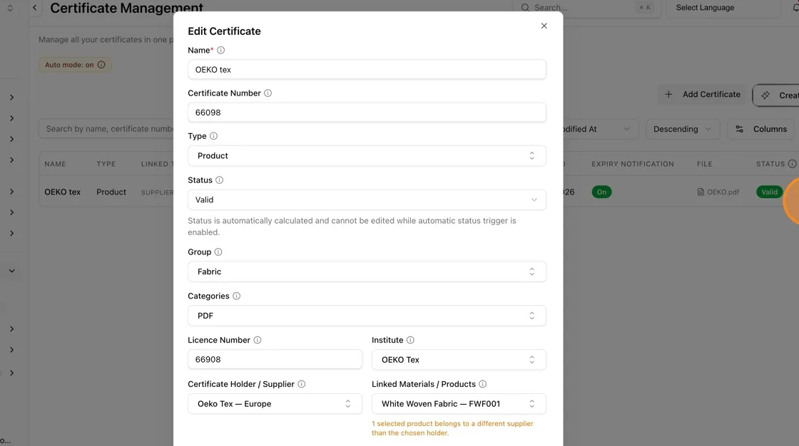 Click Edit to open the certificate form and modify any of its details, such as name, dates, supplier, or linked materials.