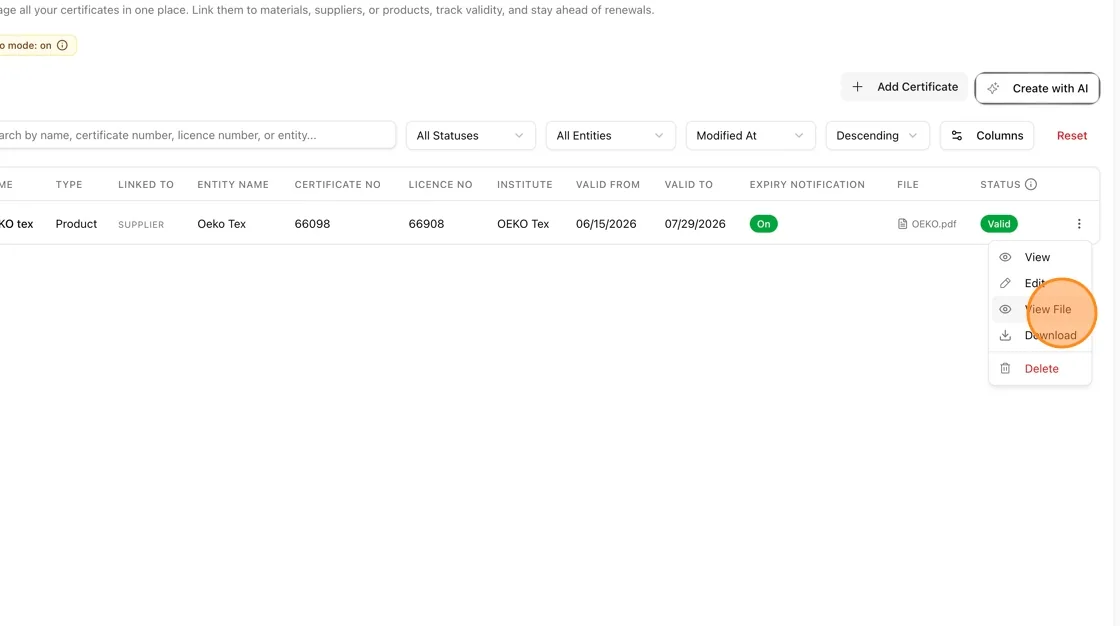 Click View File to preview the uploaded certificate document.