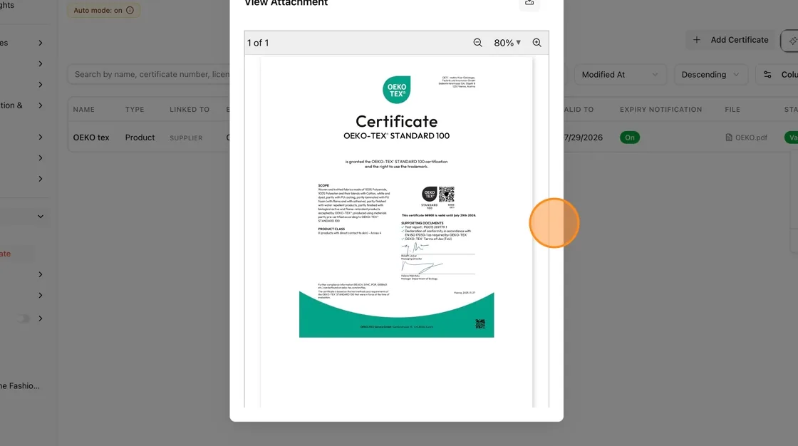The View Attachment window opens, displaying the certificate document.