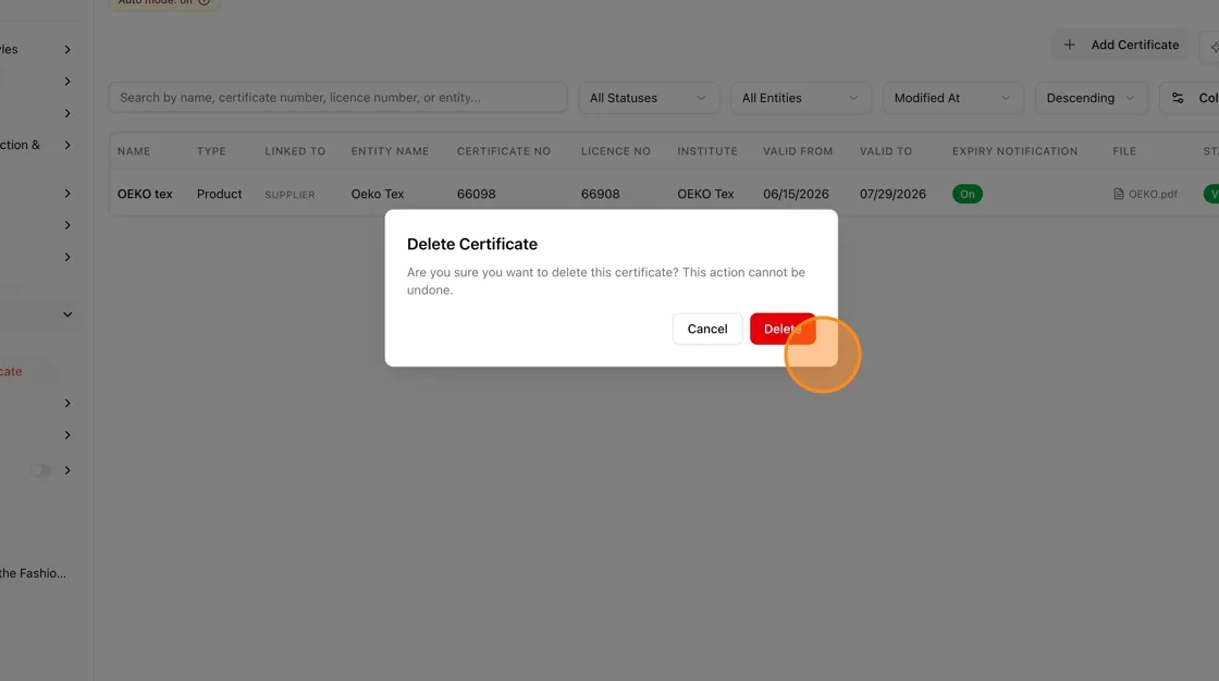 Click Delete to permanently remove it, or Cancel to keep the certificate.