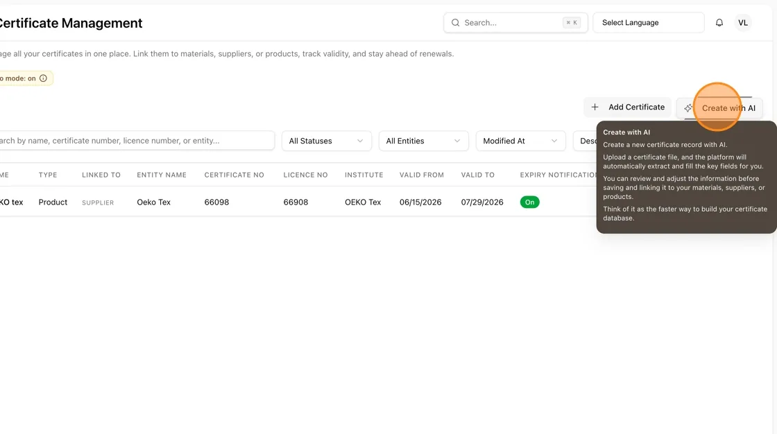 Create with AI lets you create a new certificate record automatically.