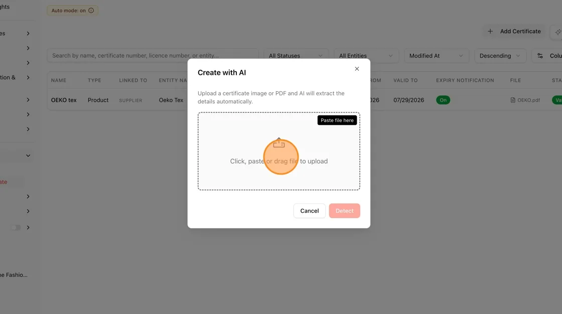Once the file is uploaded, click the Detect button to let the AI extract the certificate details.