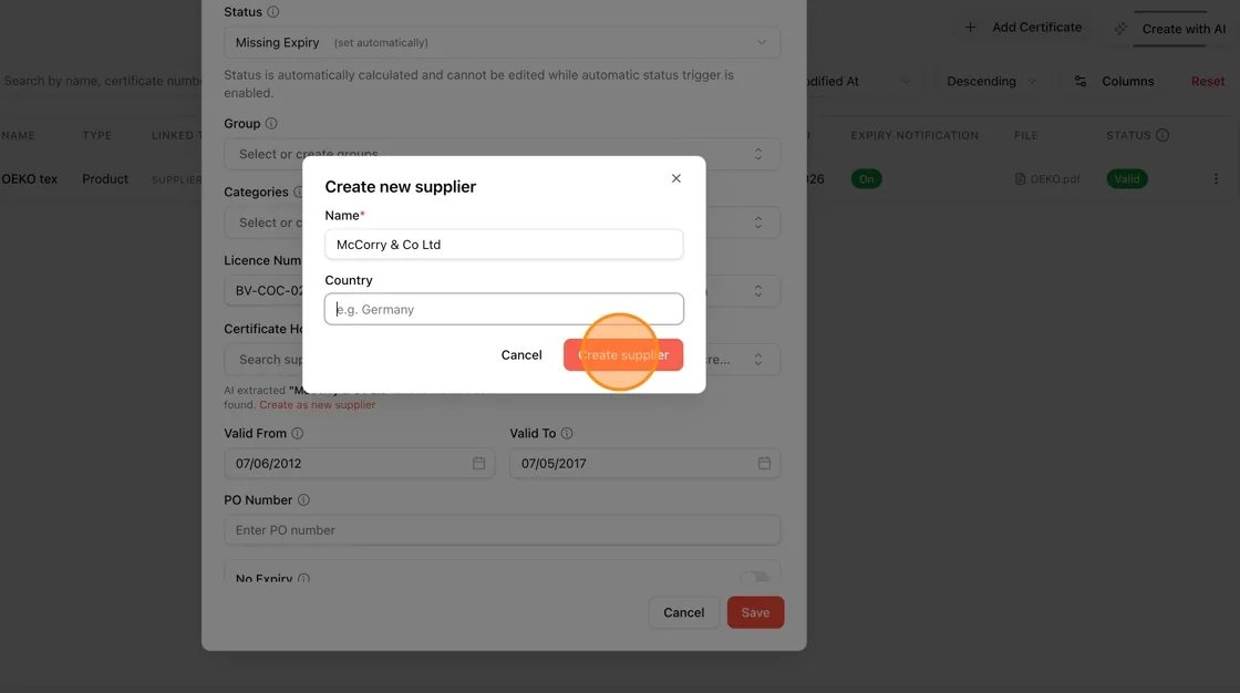 In the Create new supplier dialog, confirm or edit the Name field and optionally enter a Country, then click Create supplier.