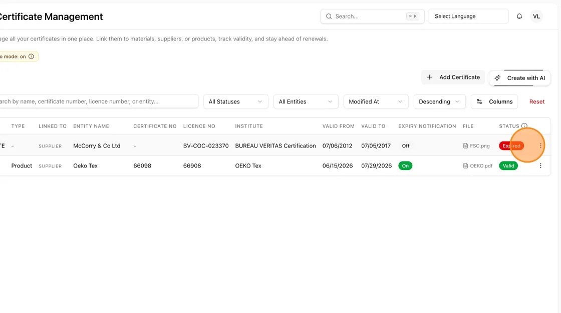 The new certificate now appears in the Certificate Management table along with its Status.