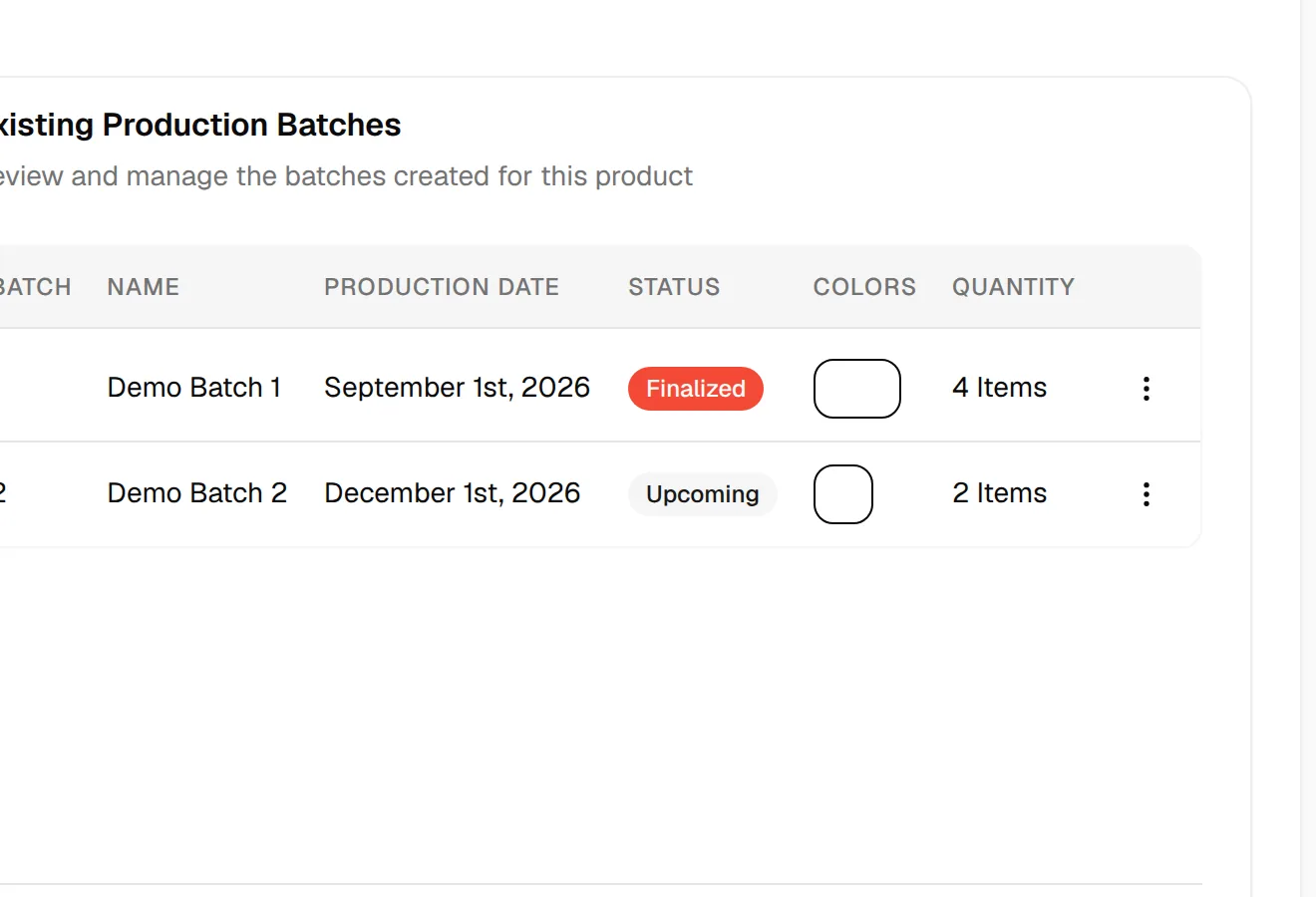 The Add Production Batch button below the Existing Production Batches list