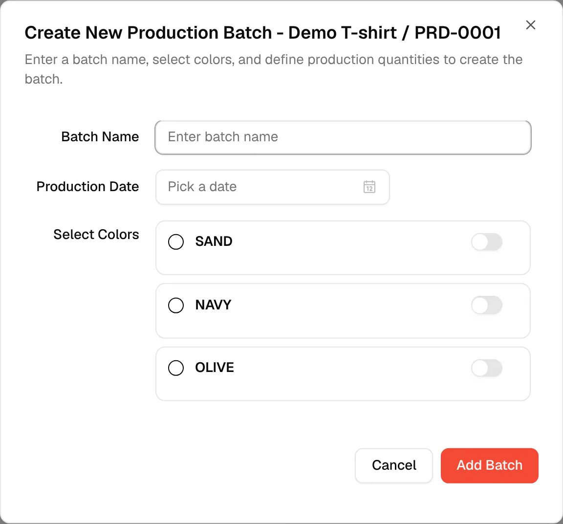 The Create New Production Batch window with Batch Name, Production Date and a switch for each colour