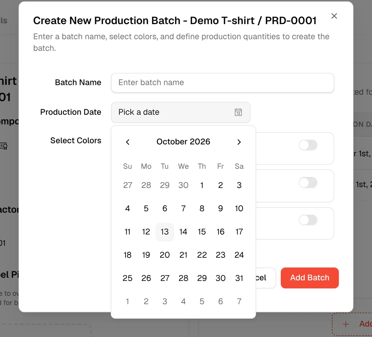 The calendar that opens from the Production Date field