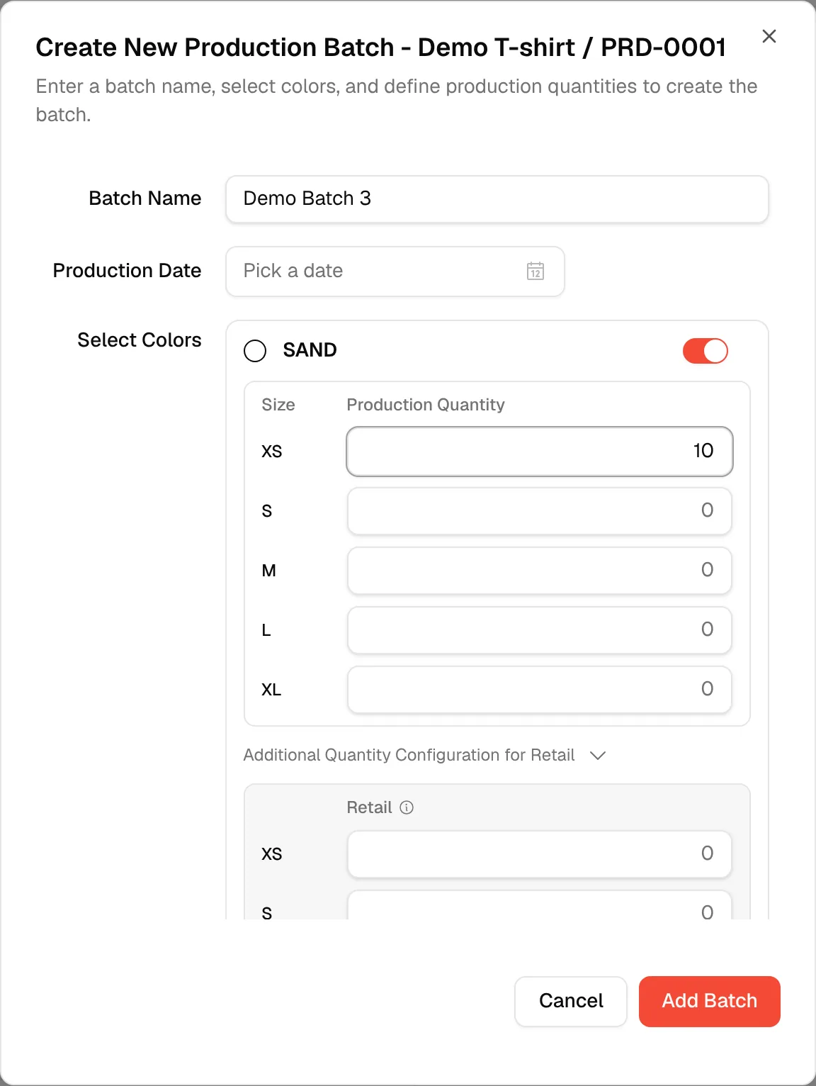 The batch form with a name entered, the first colour switched on and a production quantity typed for a size