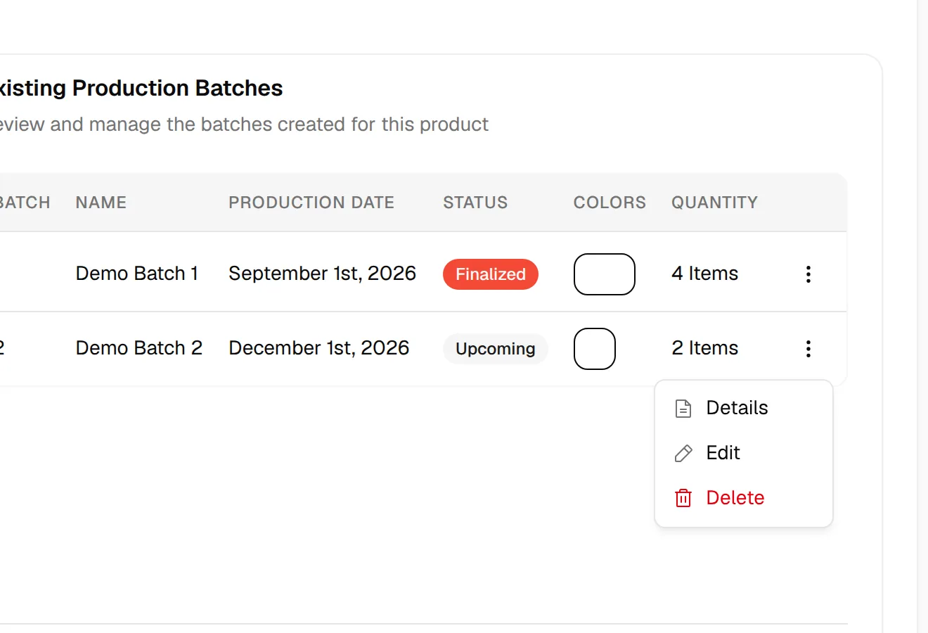 The three dots menu of a batch with Details, Edit and Delete