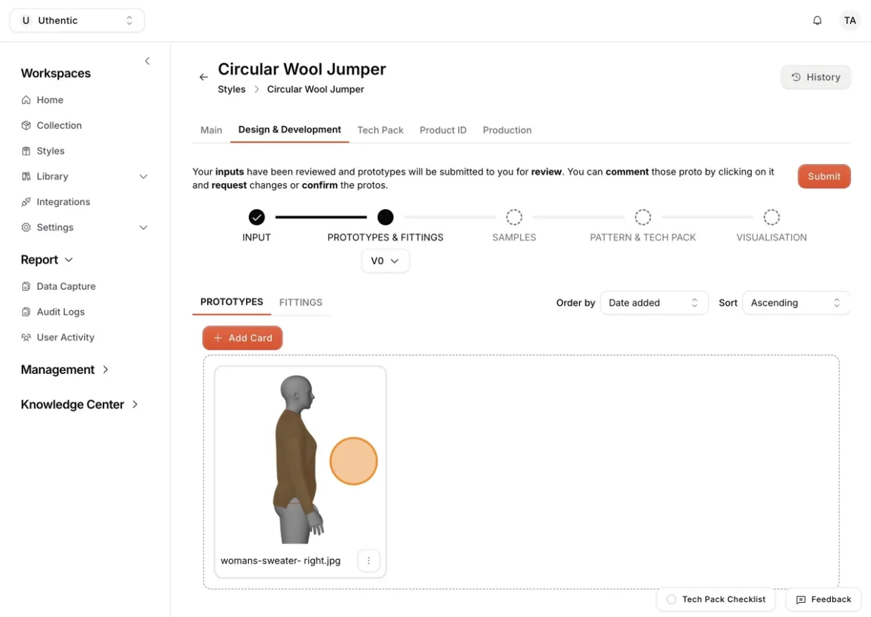 To be directed to the workspace where users can review and comment on the styles, click on the card that you would like to work on.