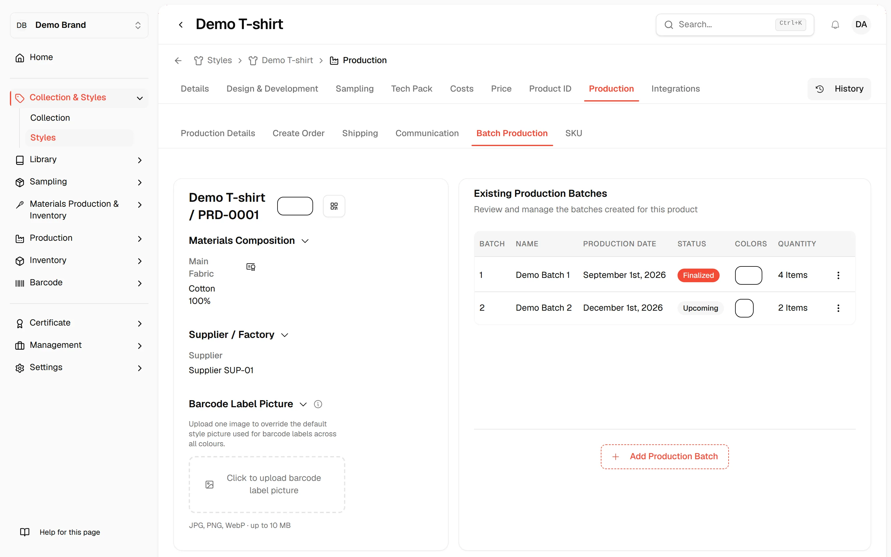 The Batch Production tab of the Demo T-shirt Production page with the style card and the list of existing batches