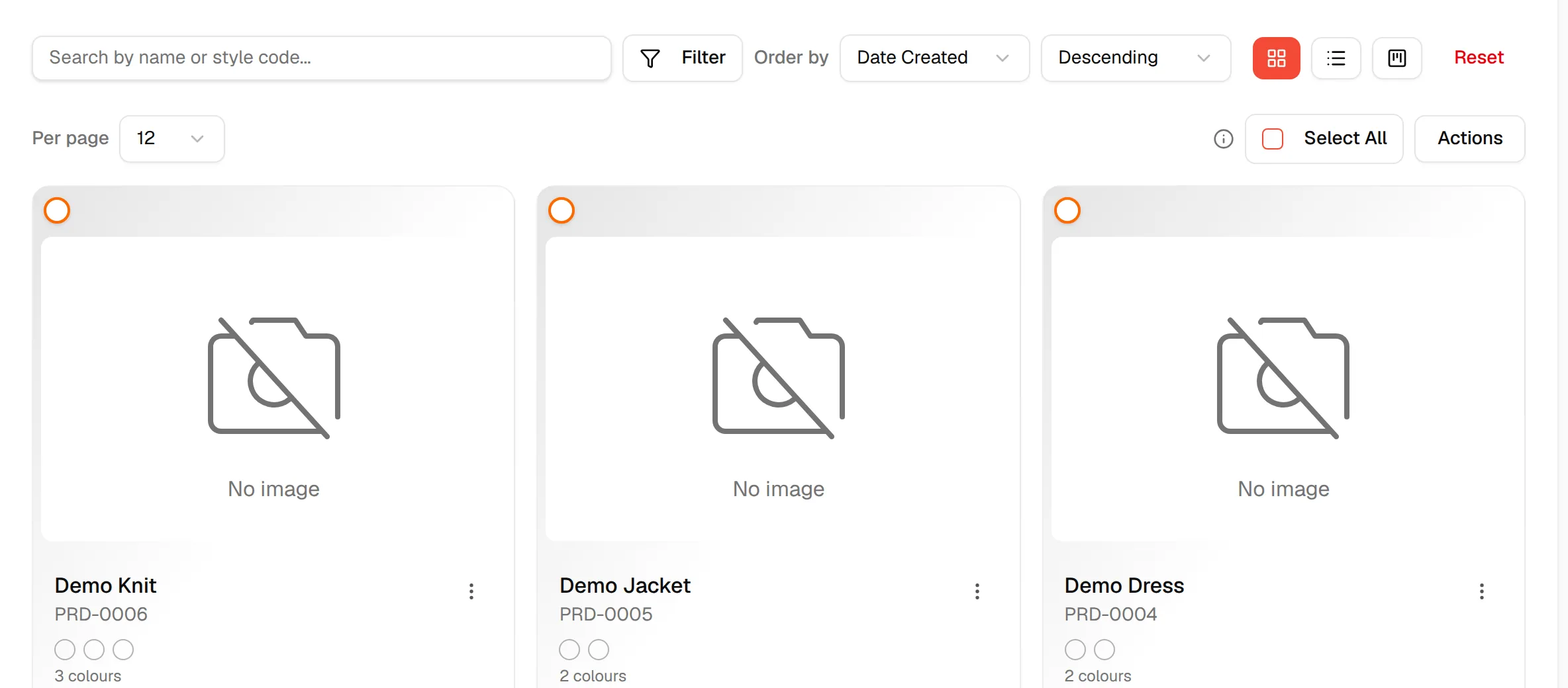 The Styles page with a card for each style and the Select All and Actions controls above them