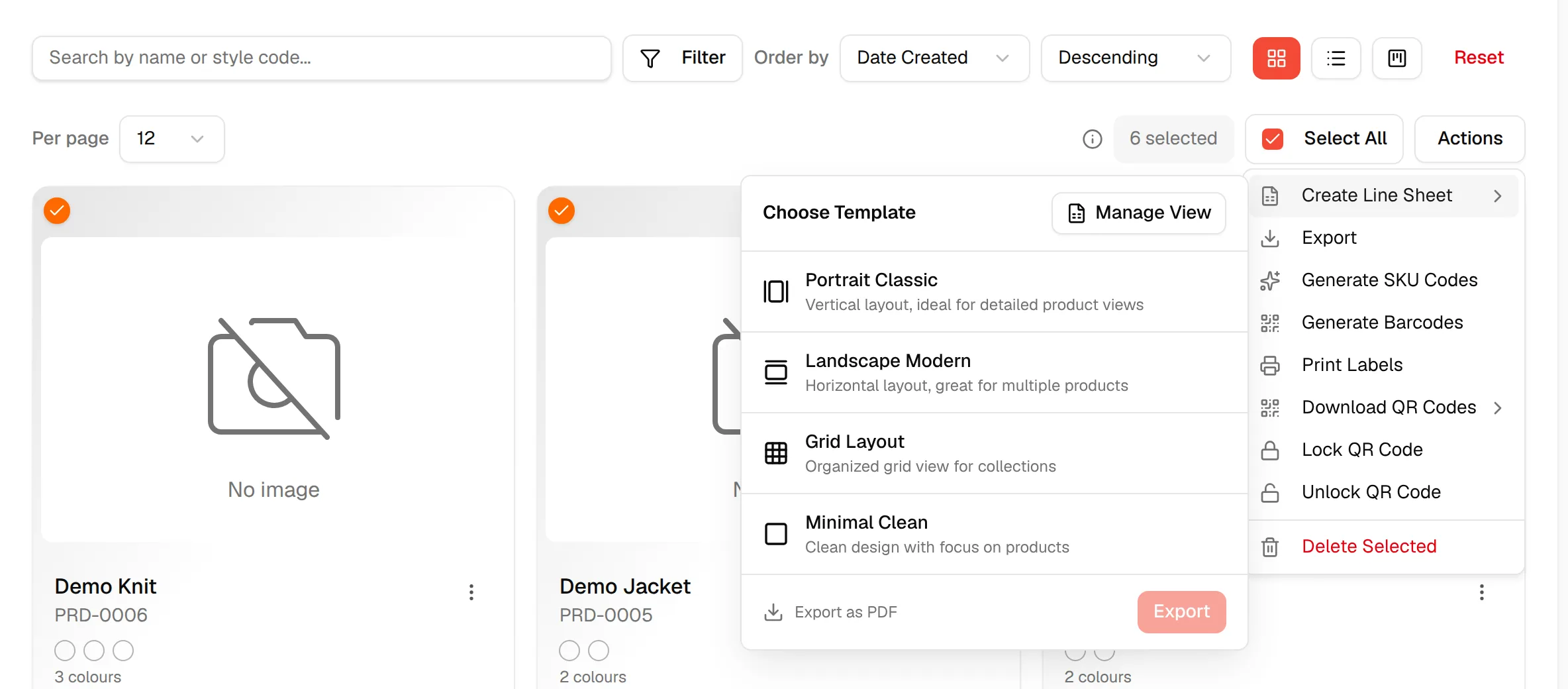 The Actions menu with Create Line Sheet highlighted and the template panel opening beside it