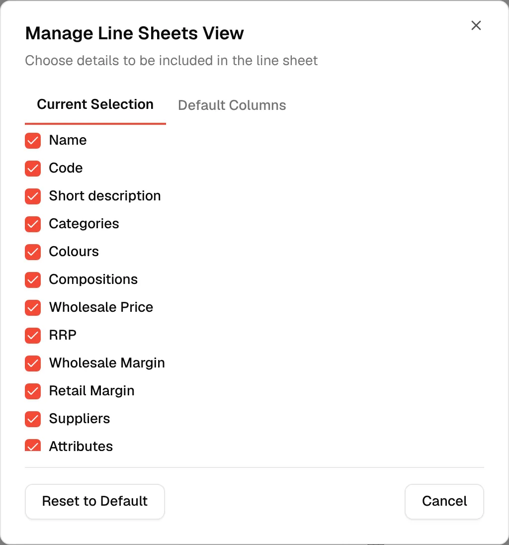 The Manage Line Sheets View window with a checkbox for each detail that can appear on the line sheet