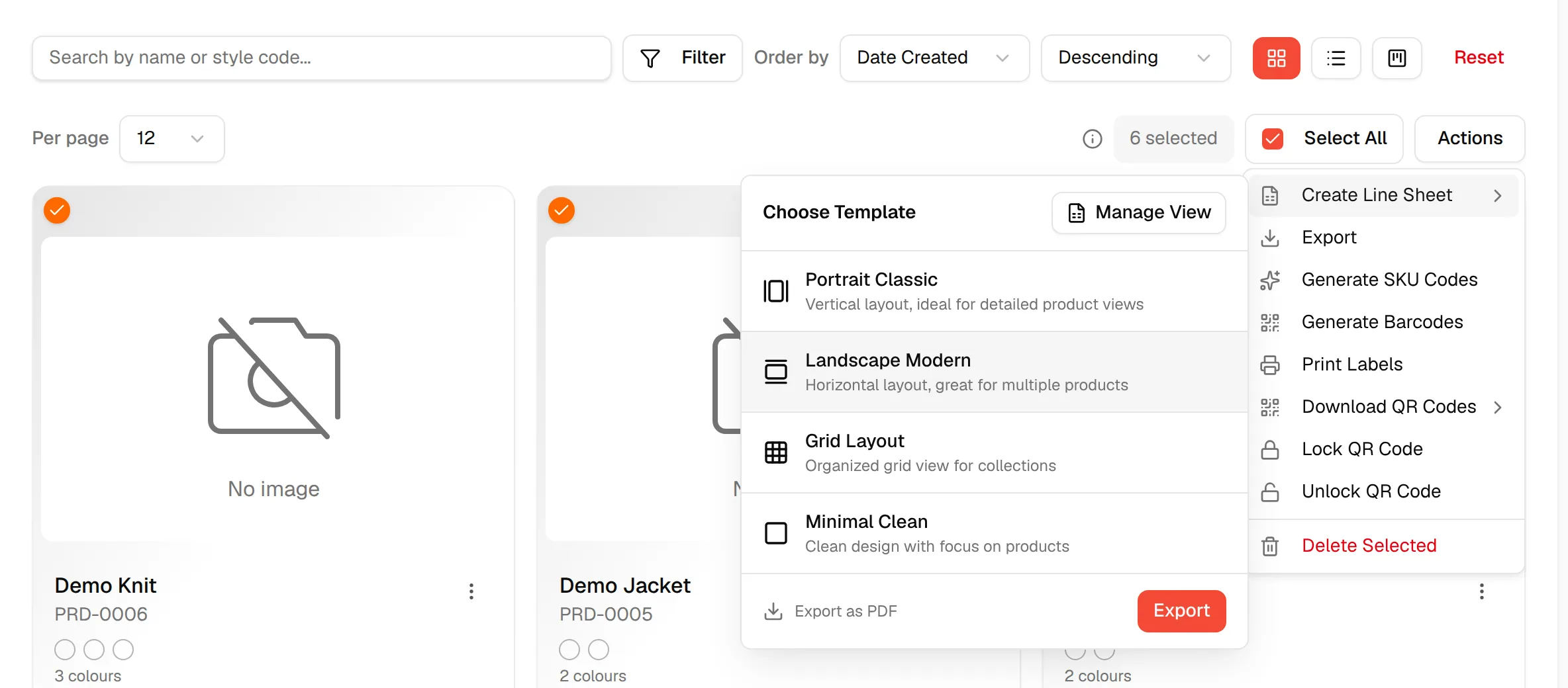 The Choose Template panel with Landscape Modern highlighted and the Export button ready