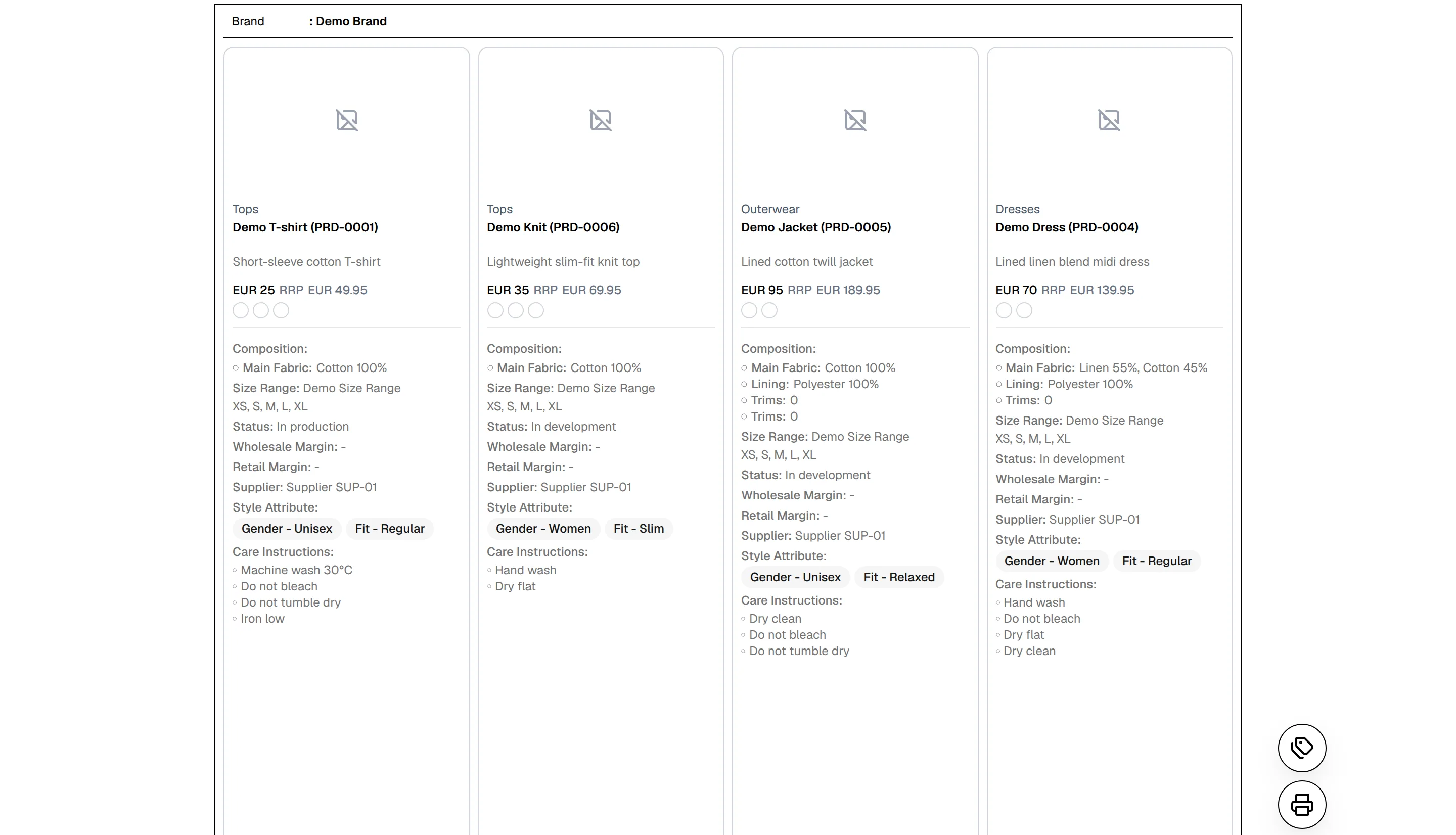 The exported line sheet in the Landscape Modern layout with the styles, their details and the print button