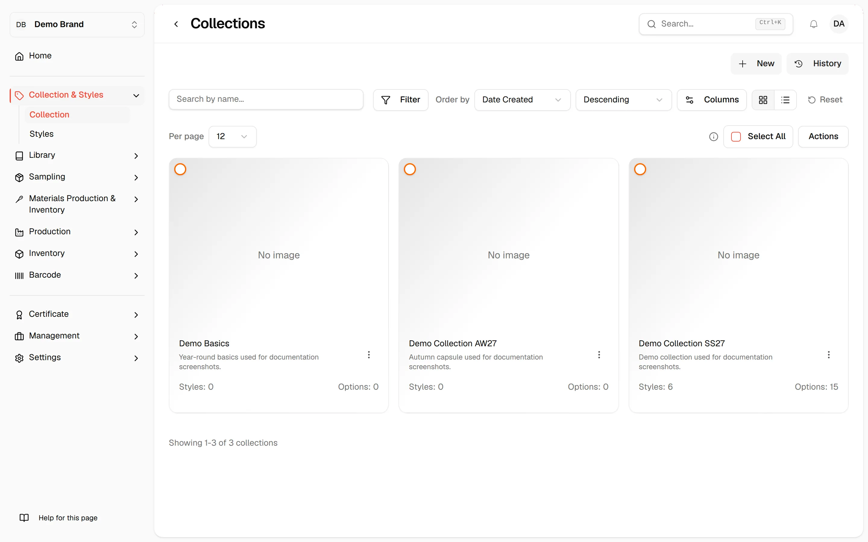 The Collection page in card view with New, History, the search field, filters, sorting and Reset above the collections