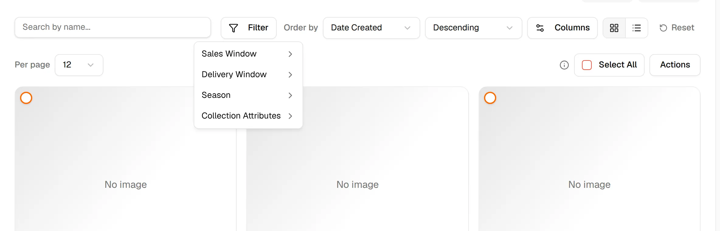 The Filter menu open next to the search field, with Sales Window, Delivery Window, Seasons and attribute filters