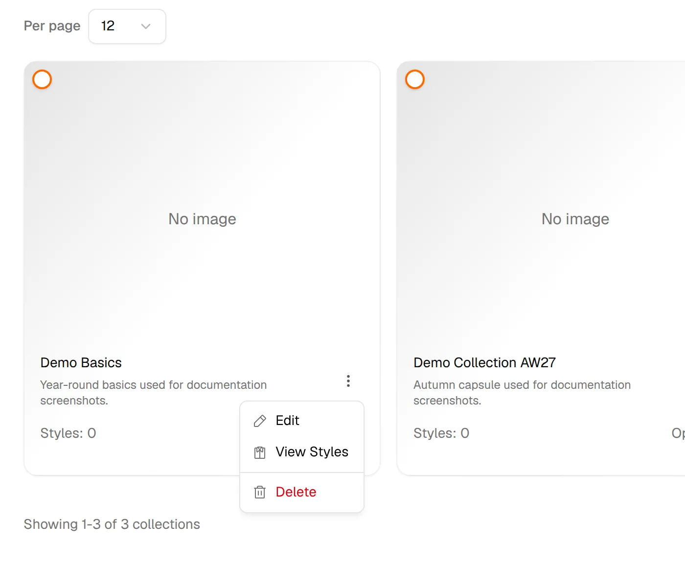 The three-dot menu of a collection card showing Edit, View Styles and Delete