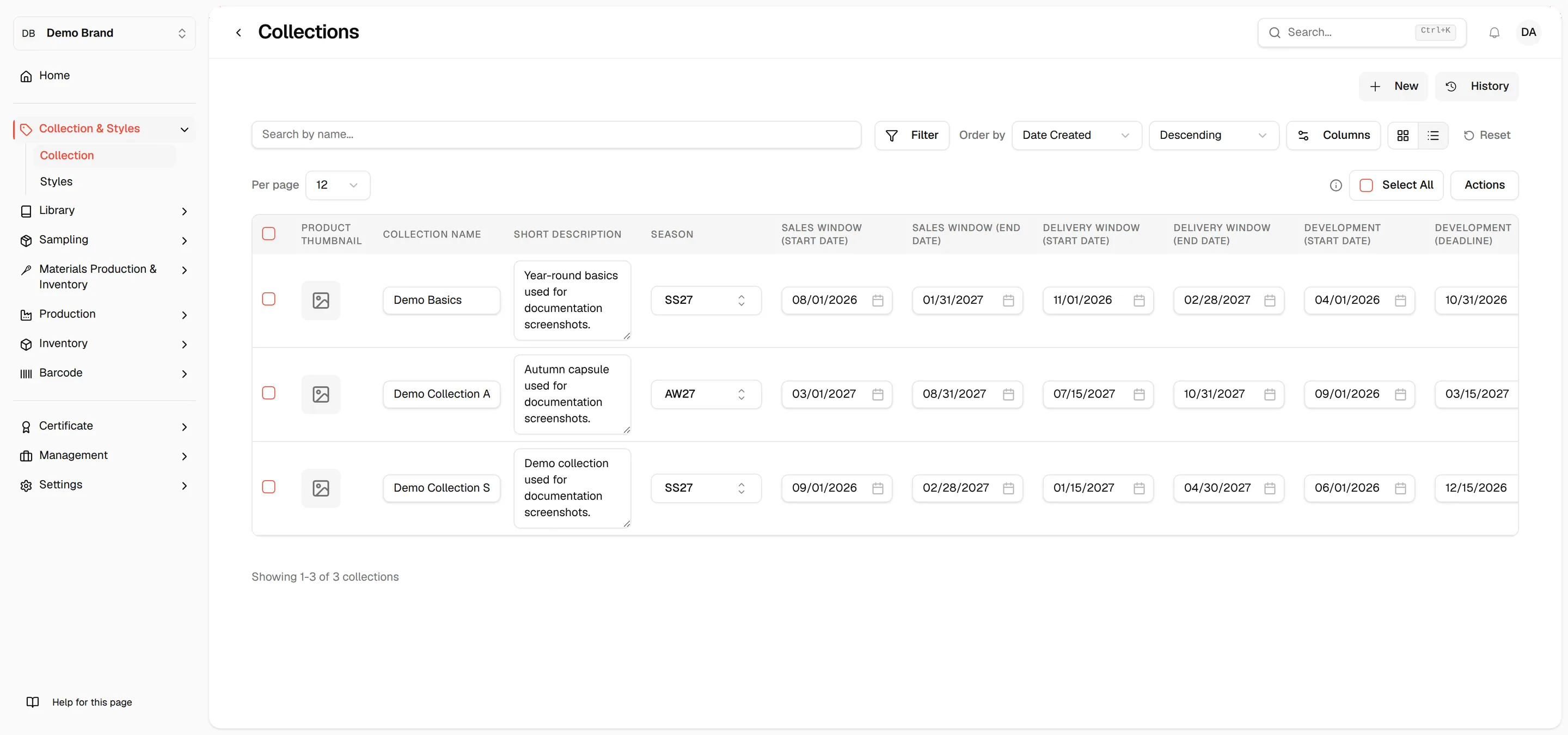 The Collection page in table view with one row per collection and its dates, season and style counts