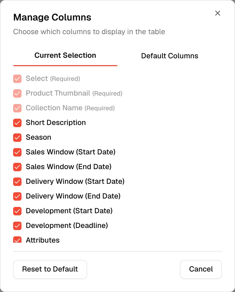 The Manage Columns window with the Current Selection and Default Columns tabs and a checkbox for each column