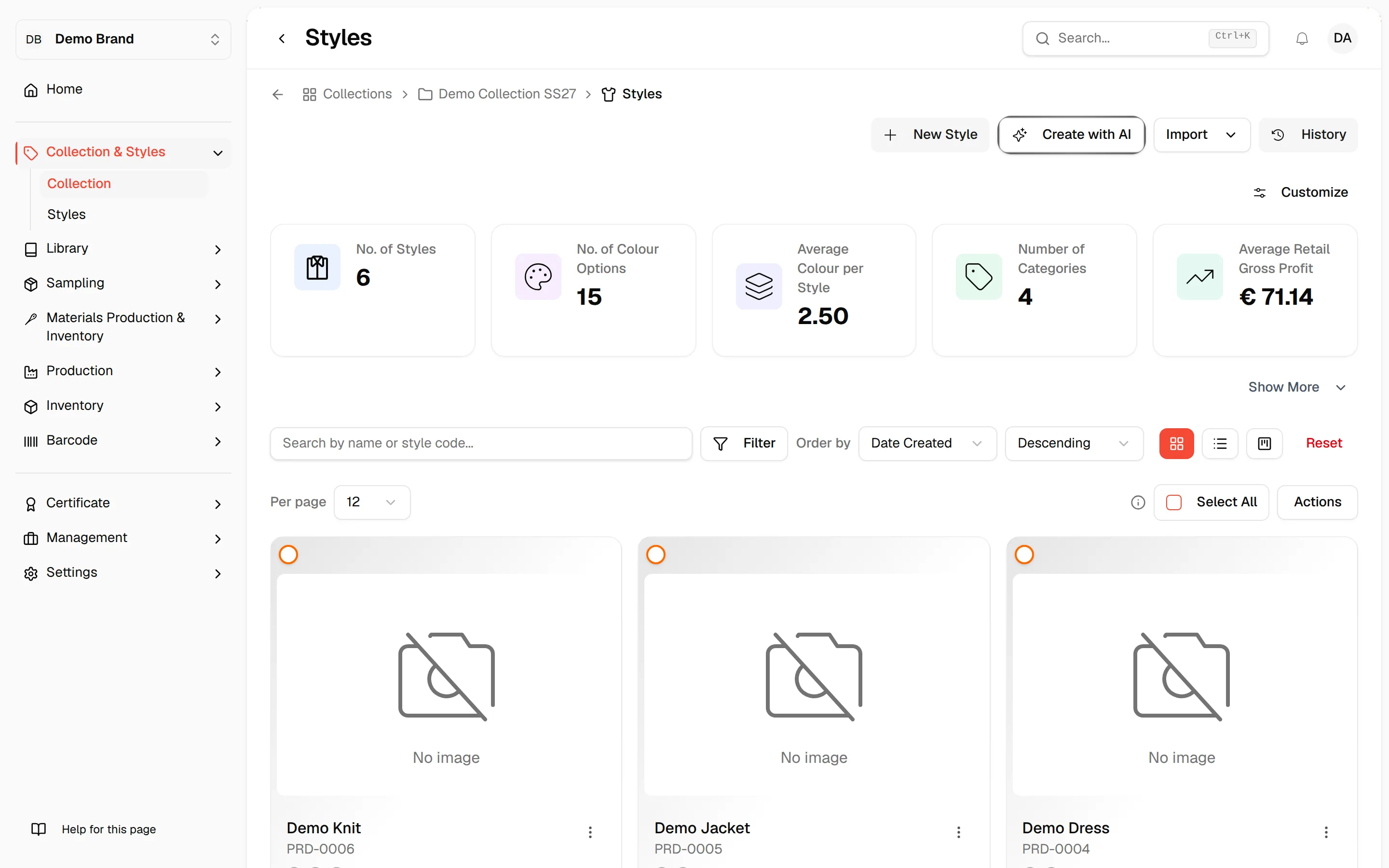 The Styles page of one collection listing only the styles inside it, with the breadcrumb showing the collection name
