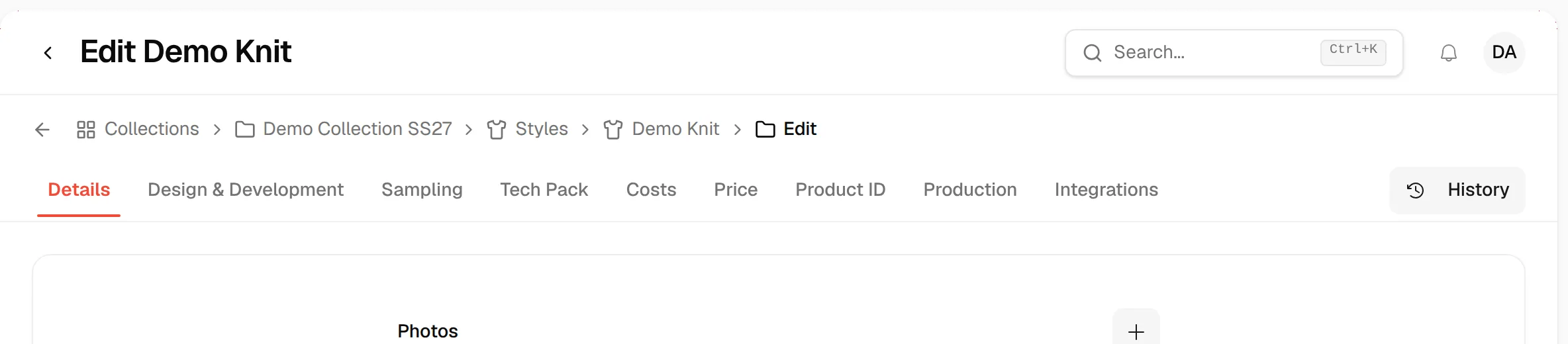 The tab bar across the top of a style with Details, Design & Development, Sampling, Tech Pack, Costs, Price and the other tabs