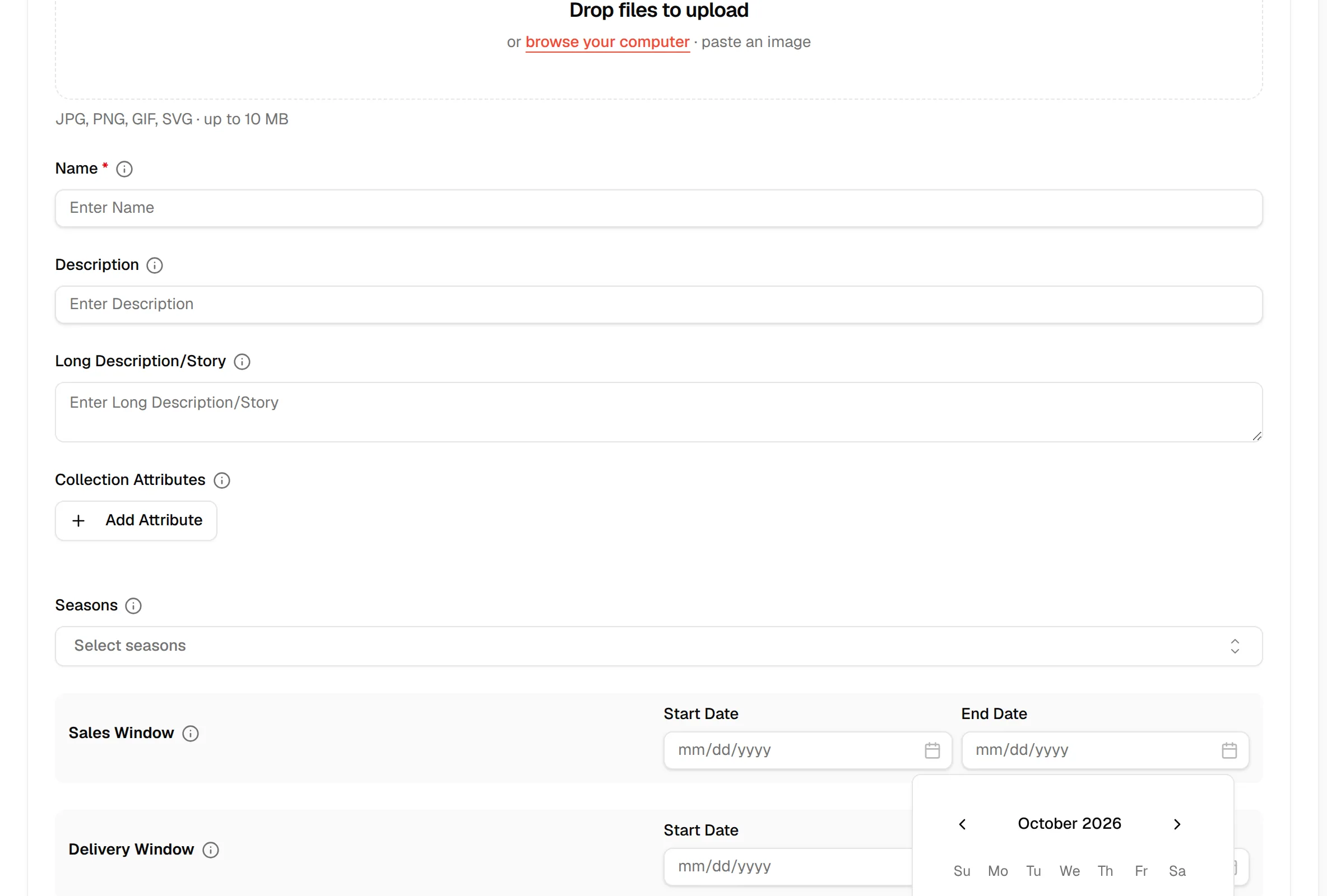 The calendar open under the Sales Window Start Date field