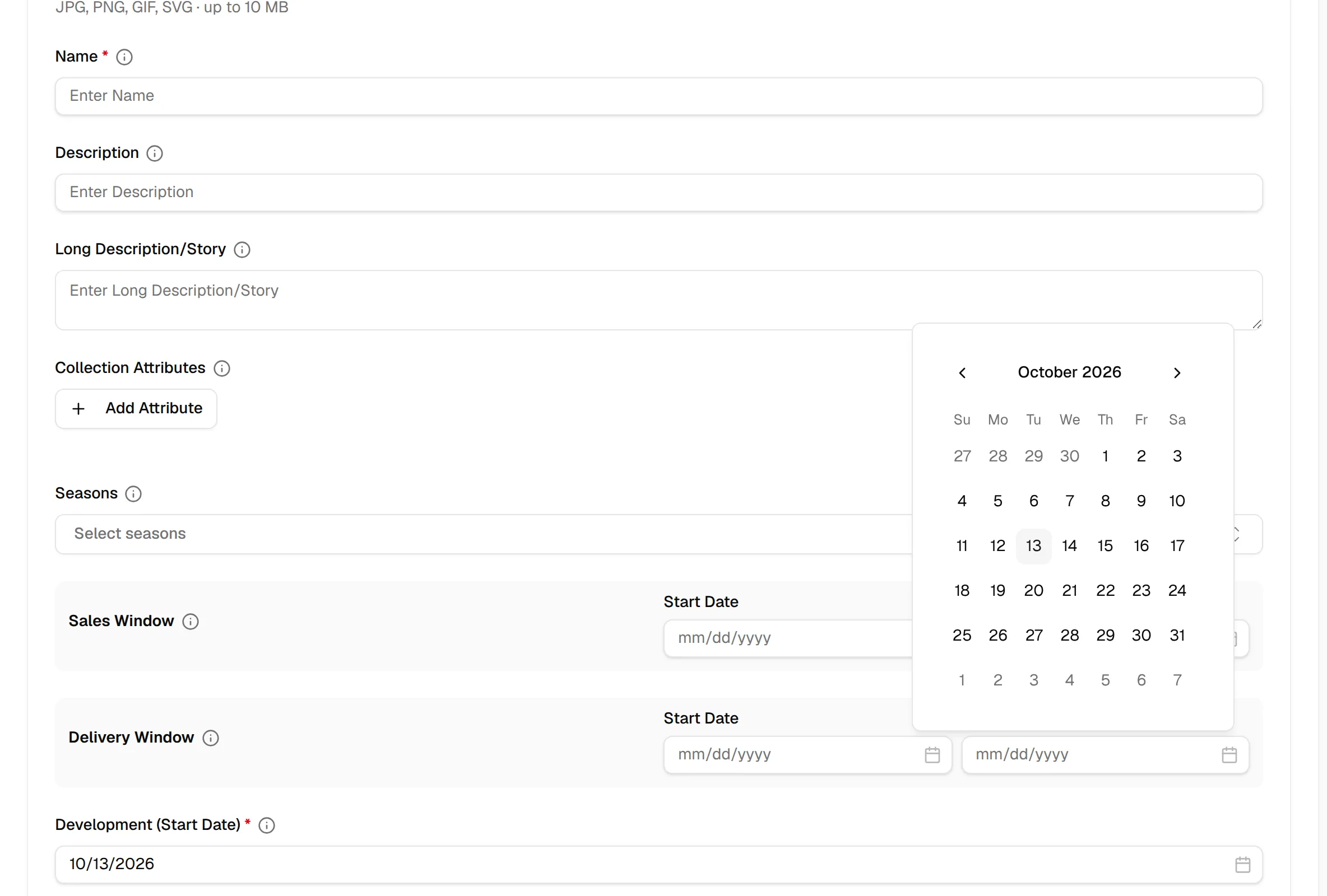 The calendar open under the Delivery Window Start Date field