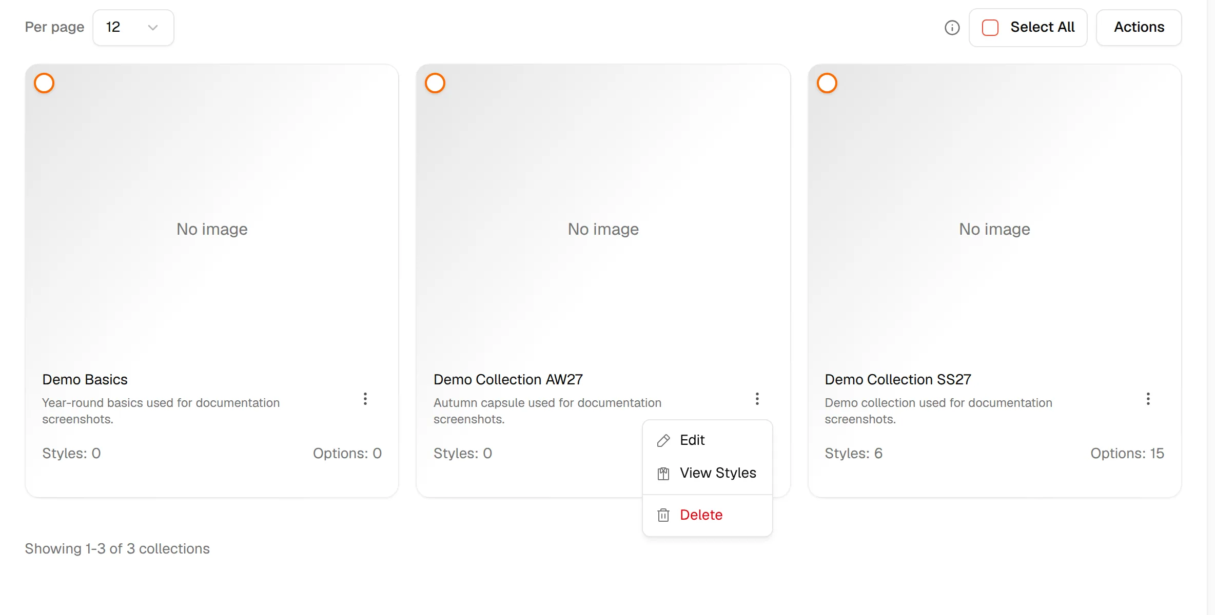 The three-dot menu of a collection card with Edit, View Styles and Delete