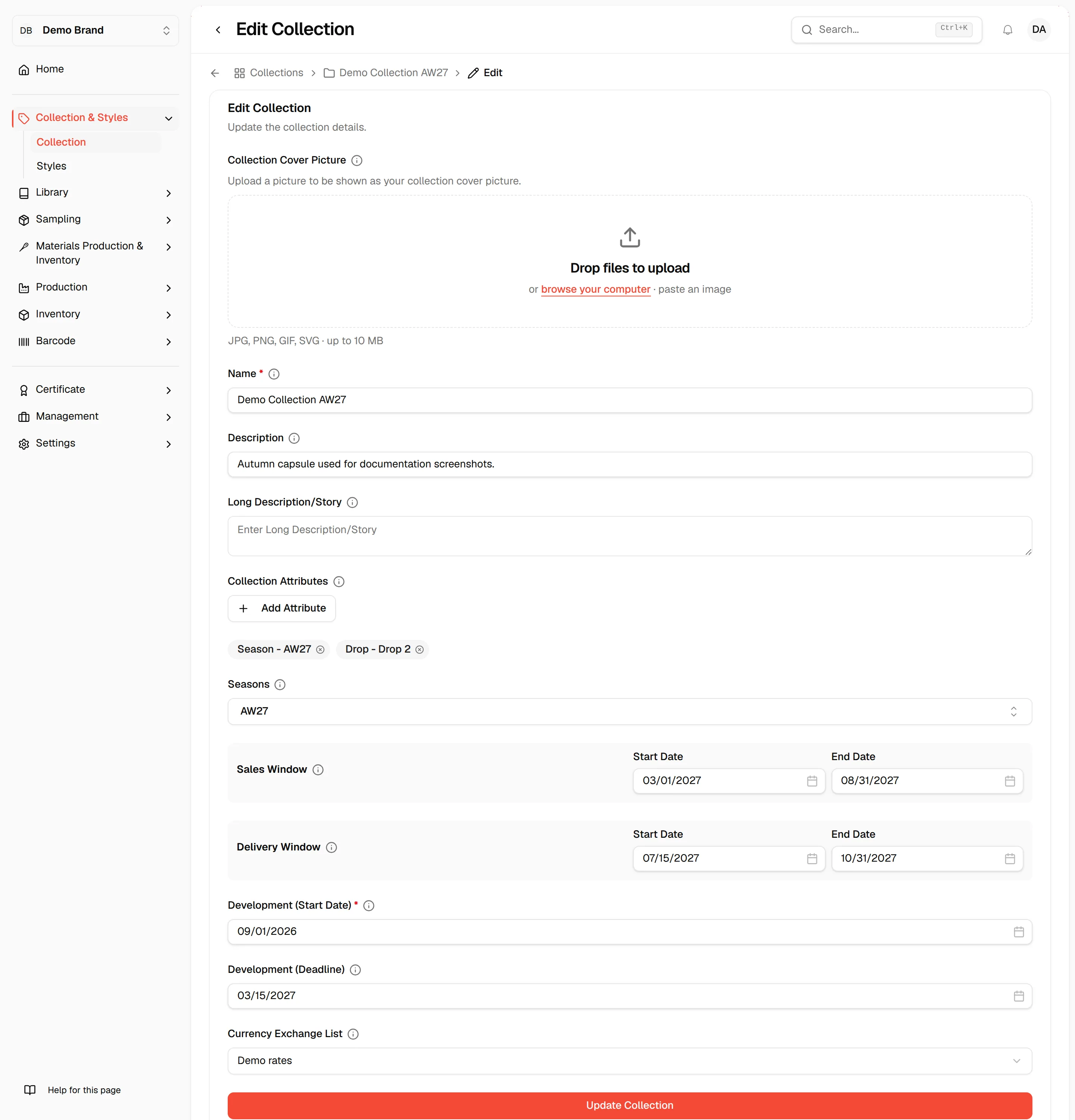 The Edit Collection page with the same fields as the create form, filled in for Demo Collection AW27