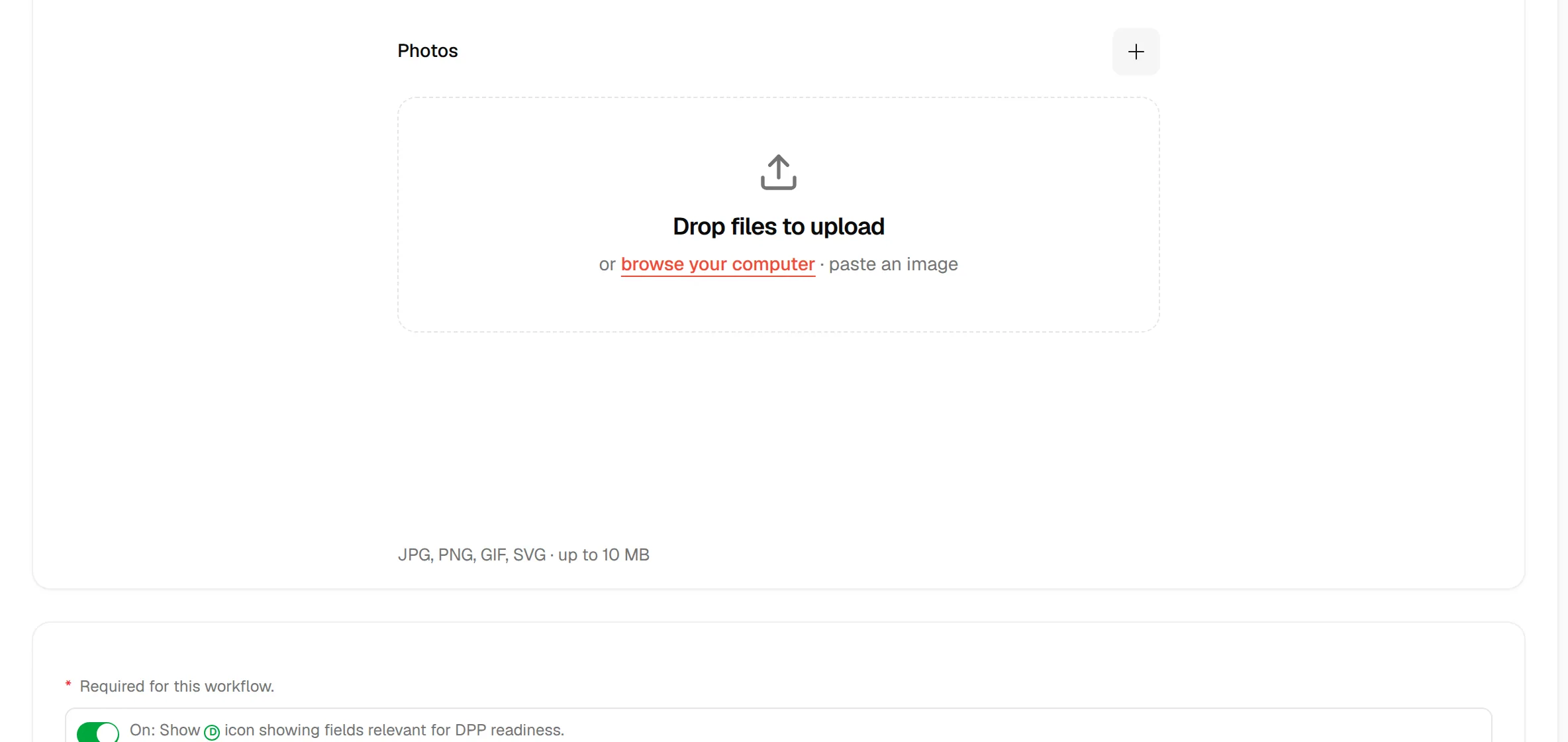 The Photos upload area with Drop files to upload, browse your computer and the allowed file types