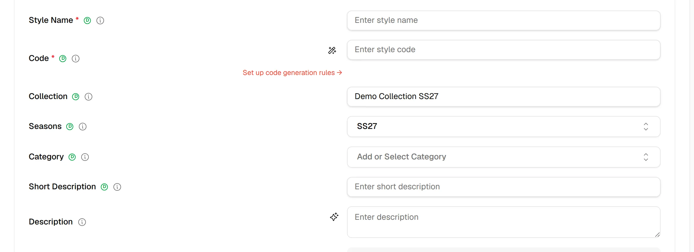 The empty Style Name and Code fields, the fixed Collection, Seasons, Category, Short Description and Description