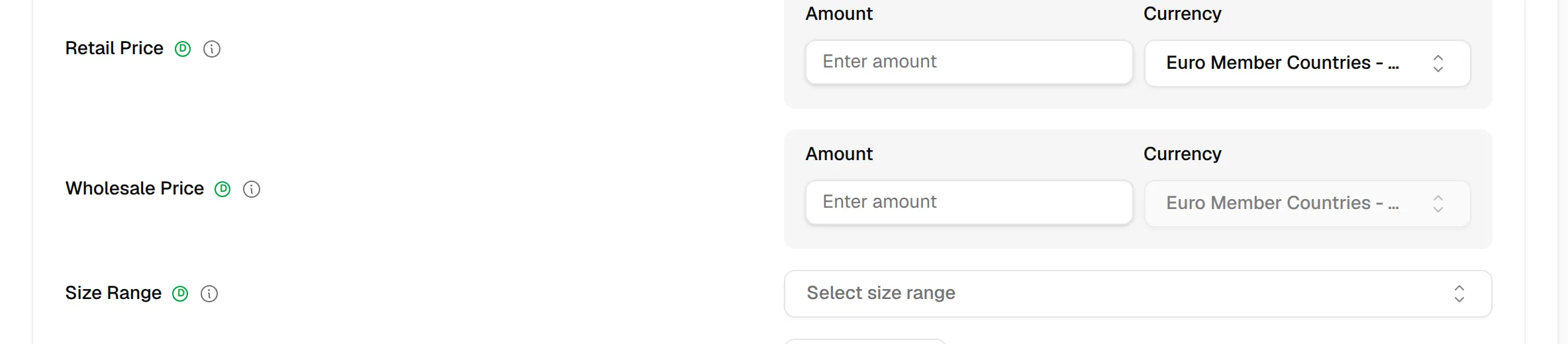 The Retail Price and Wholesale Price fields with an amount and a currency each, and the Size Range
