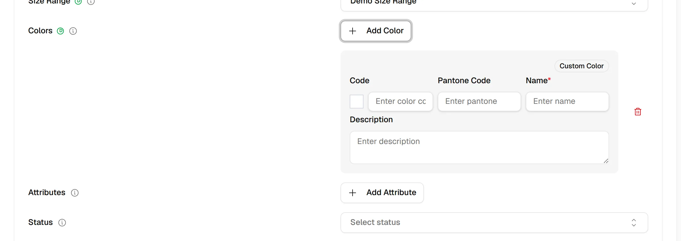 A custom colour card with Code, Pantone Code, Name and Description fields