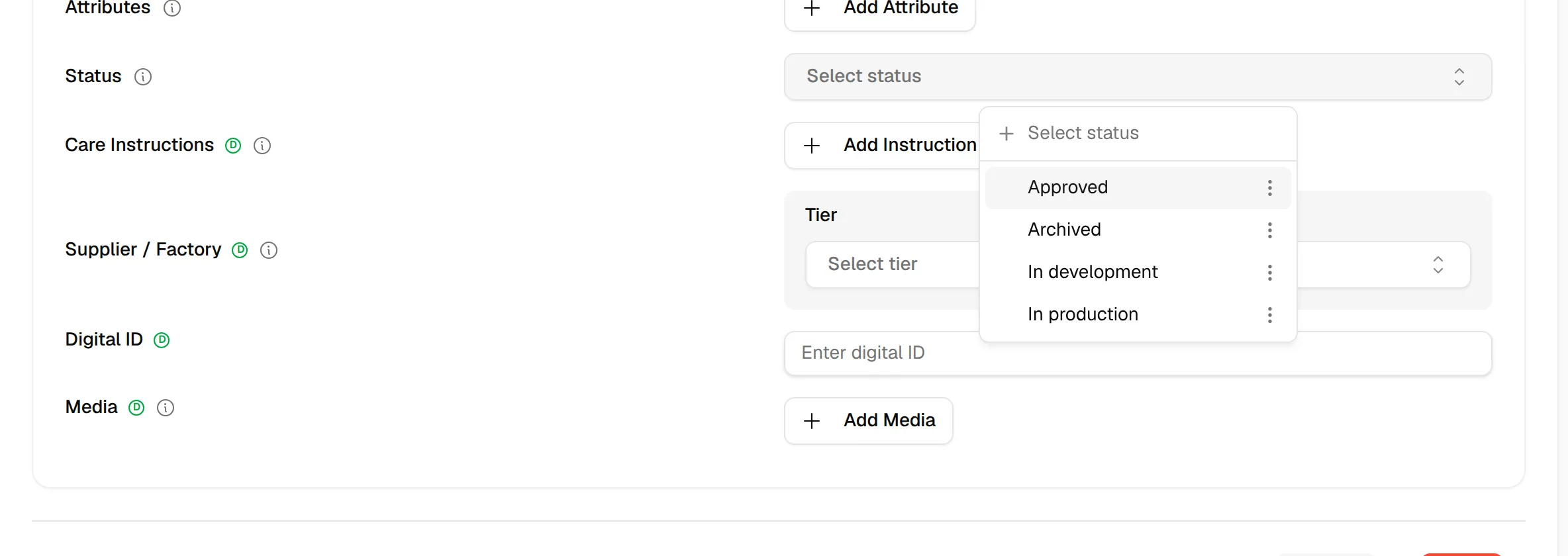 The Select status dropdown open with the style statuses