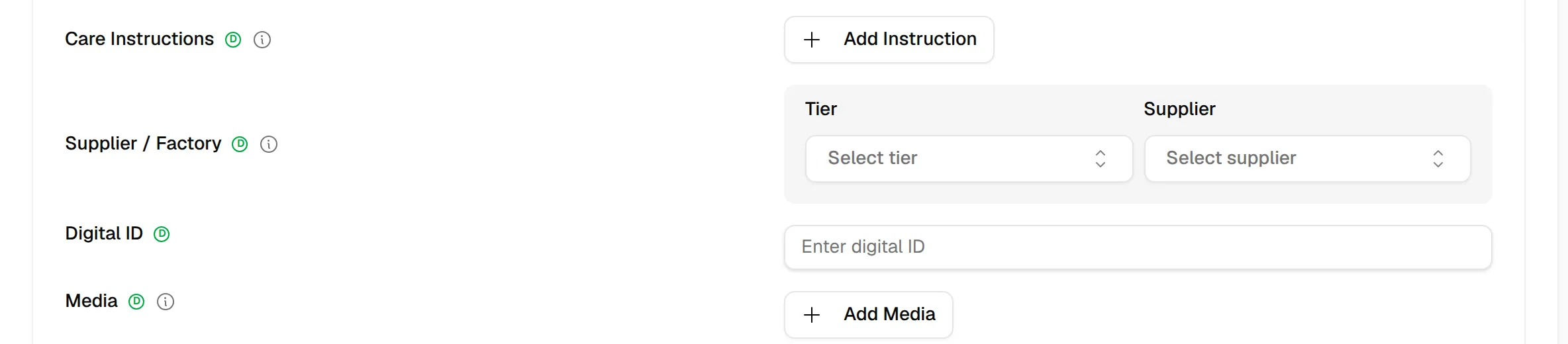 The Add Instruction button for care instructions and the Tier and Supplier selectors of Supplier / Factory