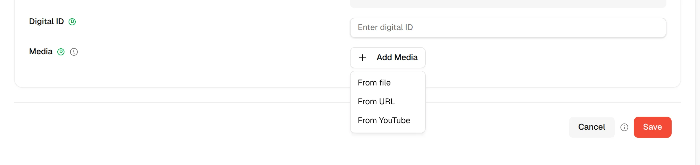 The Add Media menu with From file, From URL and From YouTube