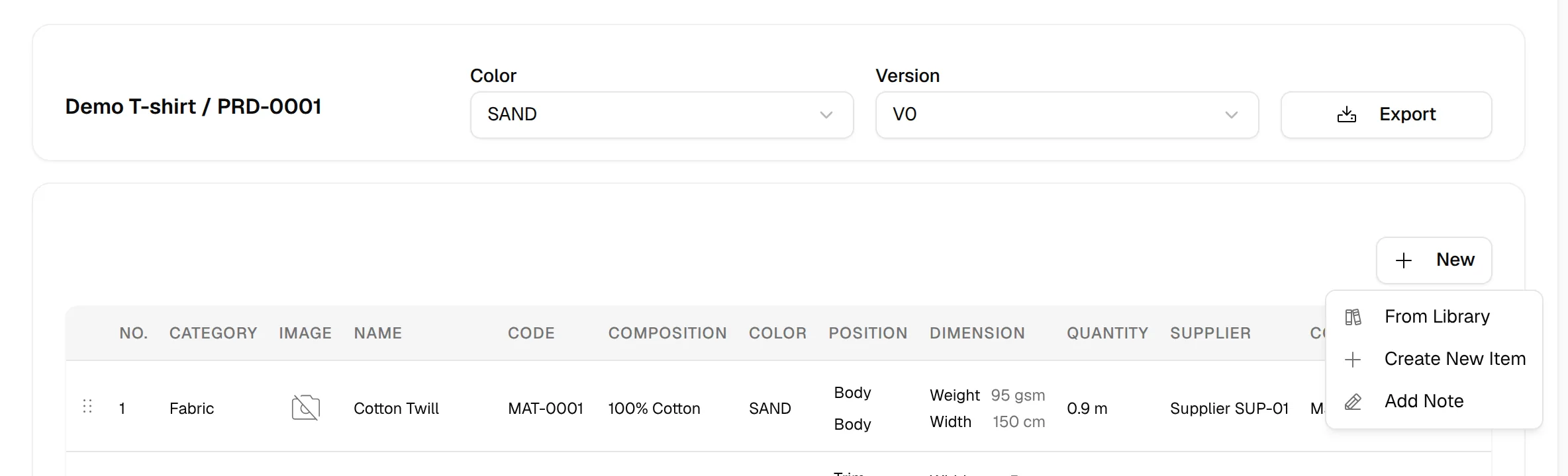 The New menu on the Bill of Material tab with From Library, Create New Item and Add Note