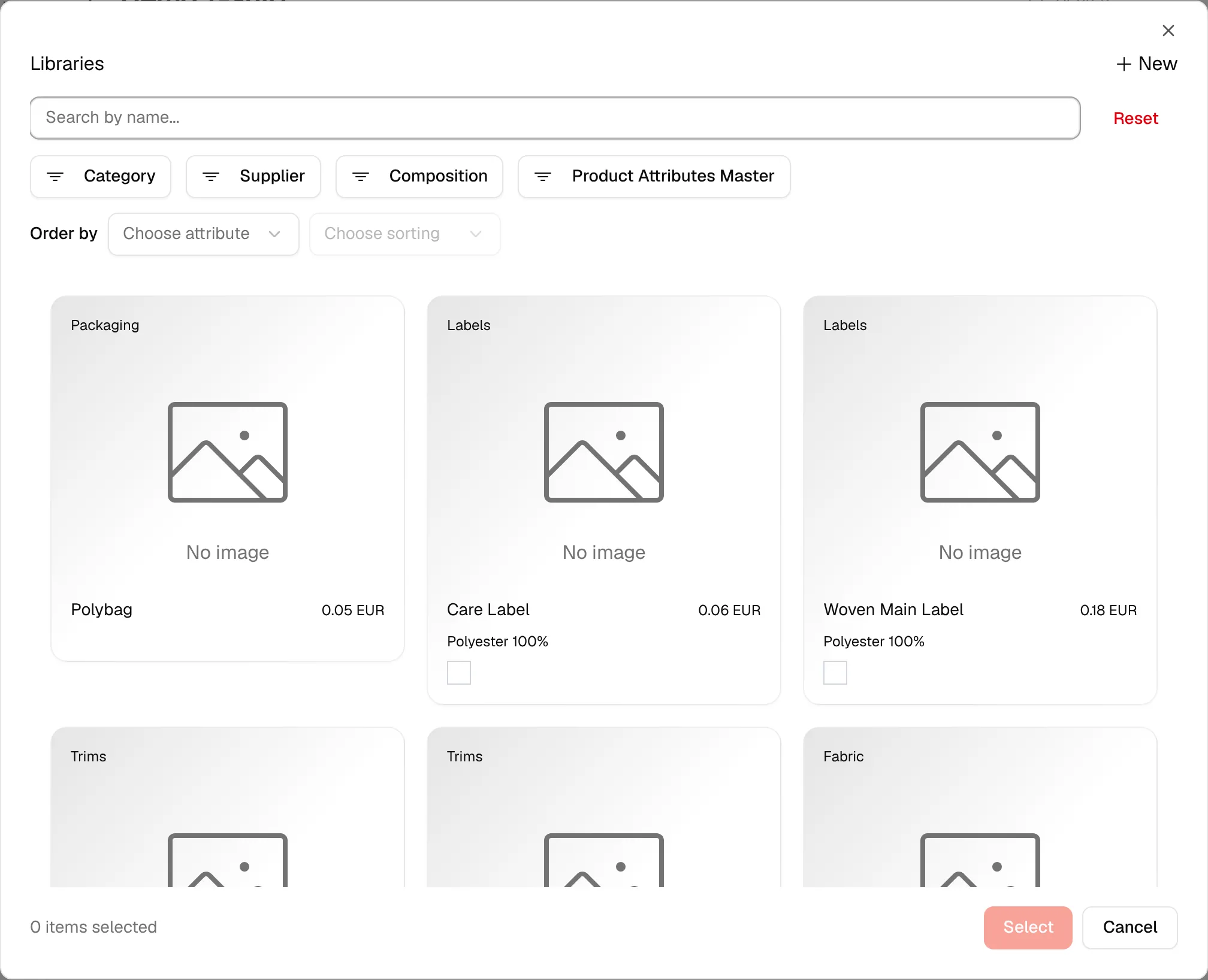 The material library window opened from From Library, listing the brand materials to add to the bill of material