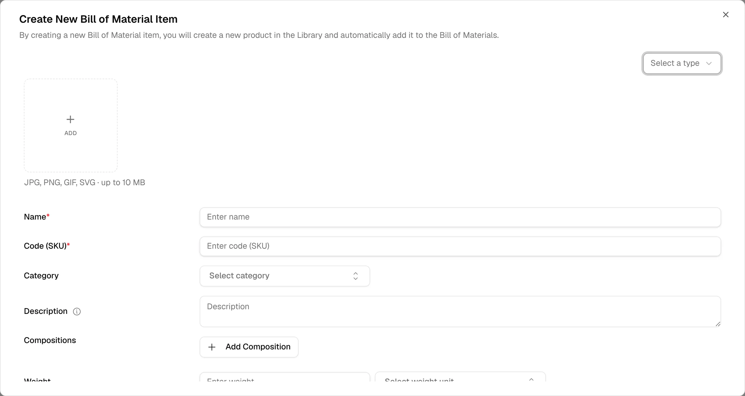 The Create New Bill of Material Item window with the material fields and the Save button