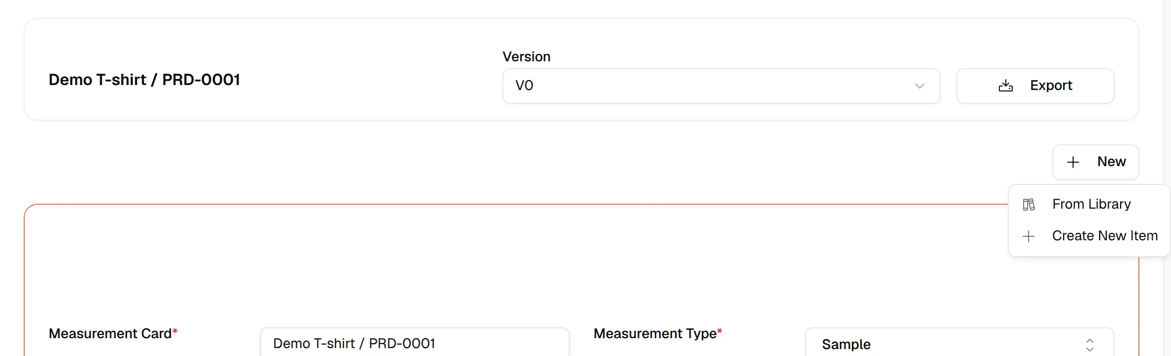 The New menu on the Measurements tab with From Library and Create New Item