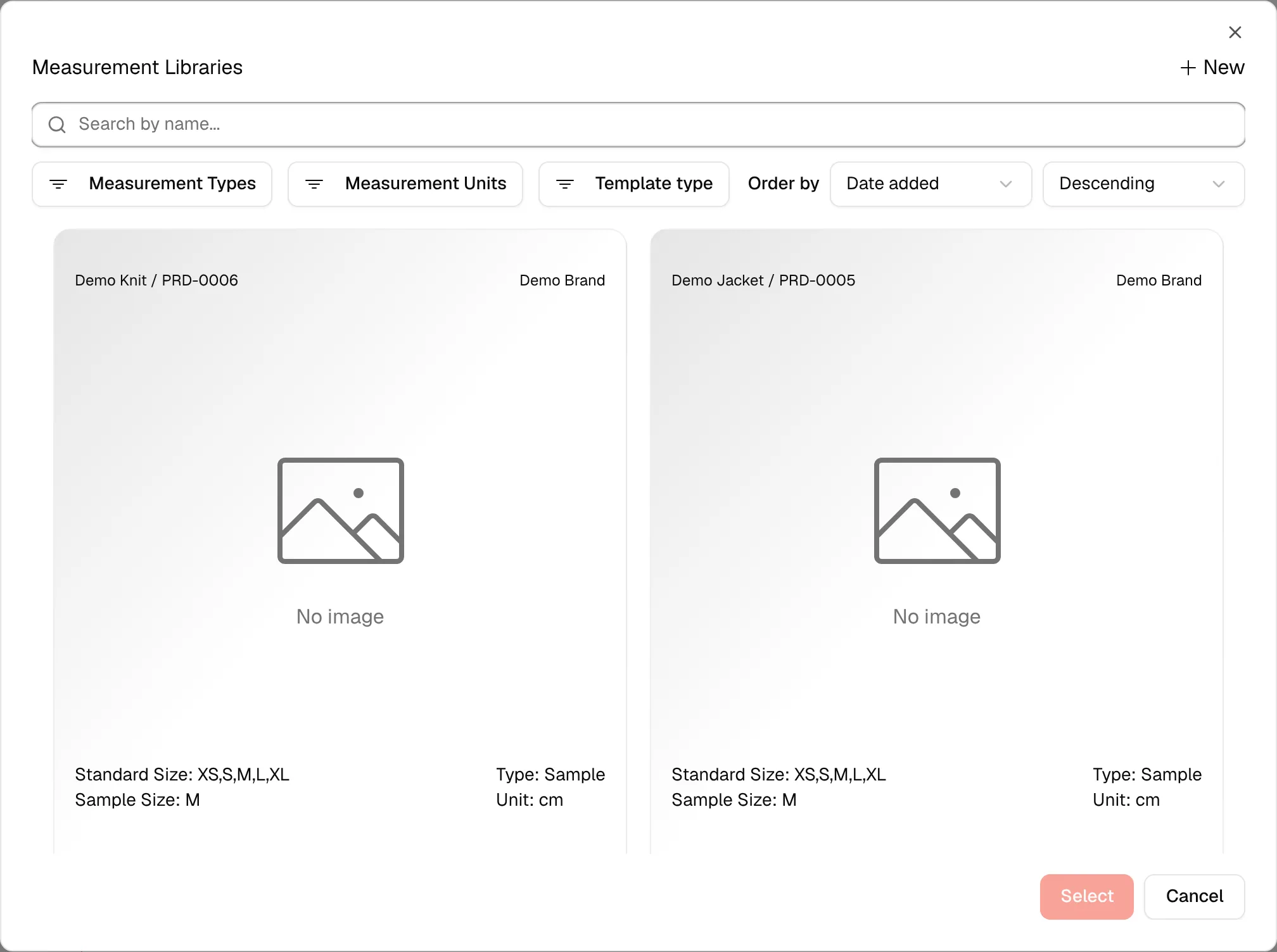The Measurement Libraries window with the search box, filters and the measurement cards to choose from