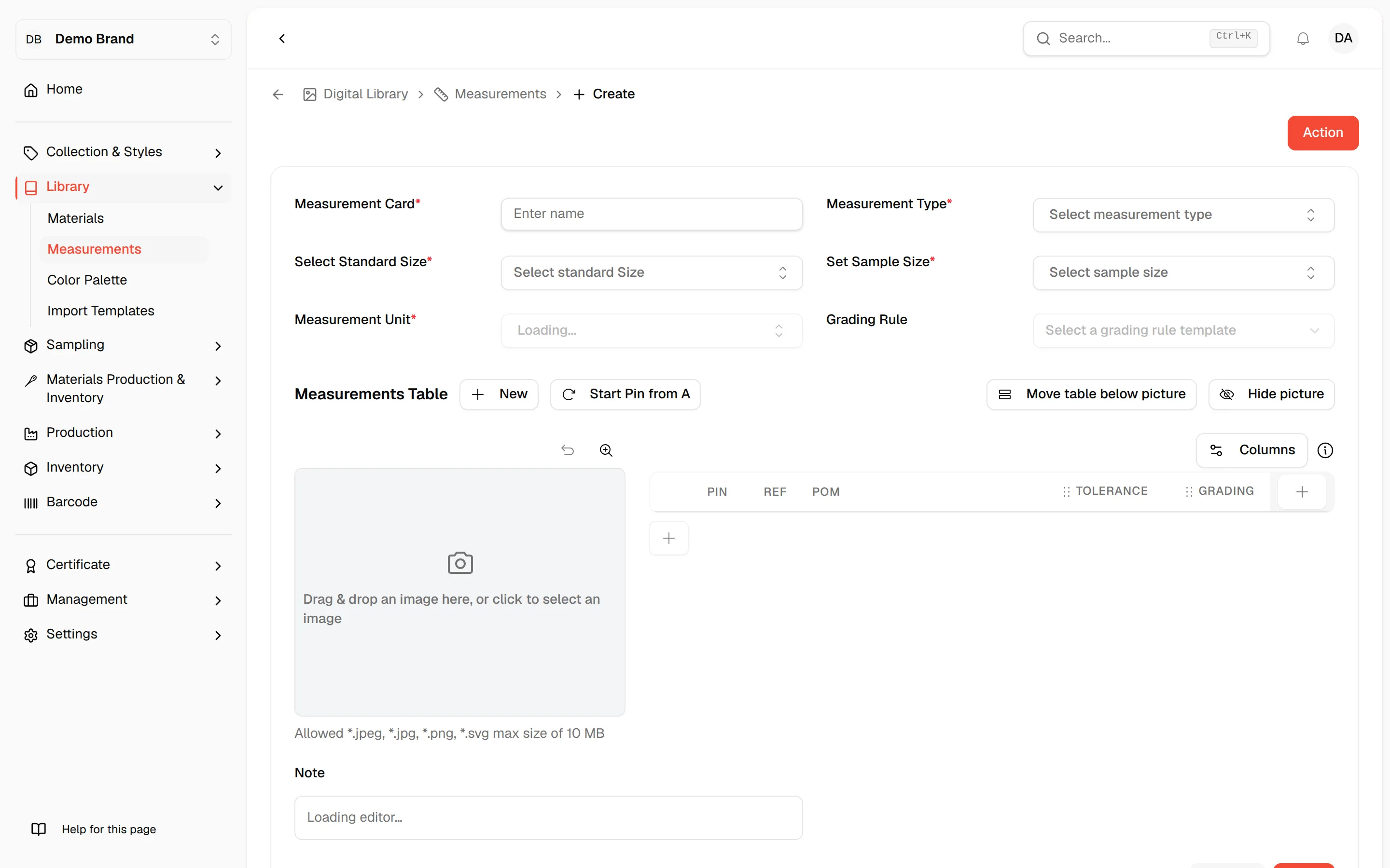 The Create Product Measurement page with the required fields and the Save button in the lower-right corner