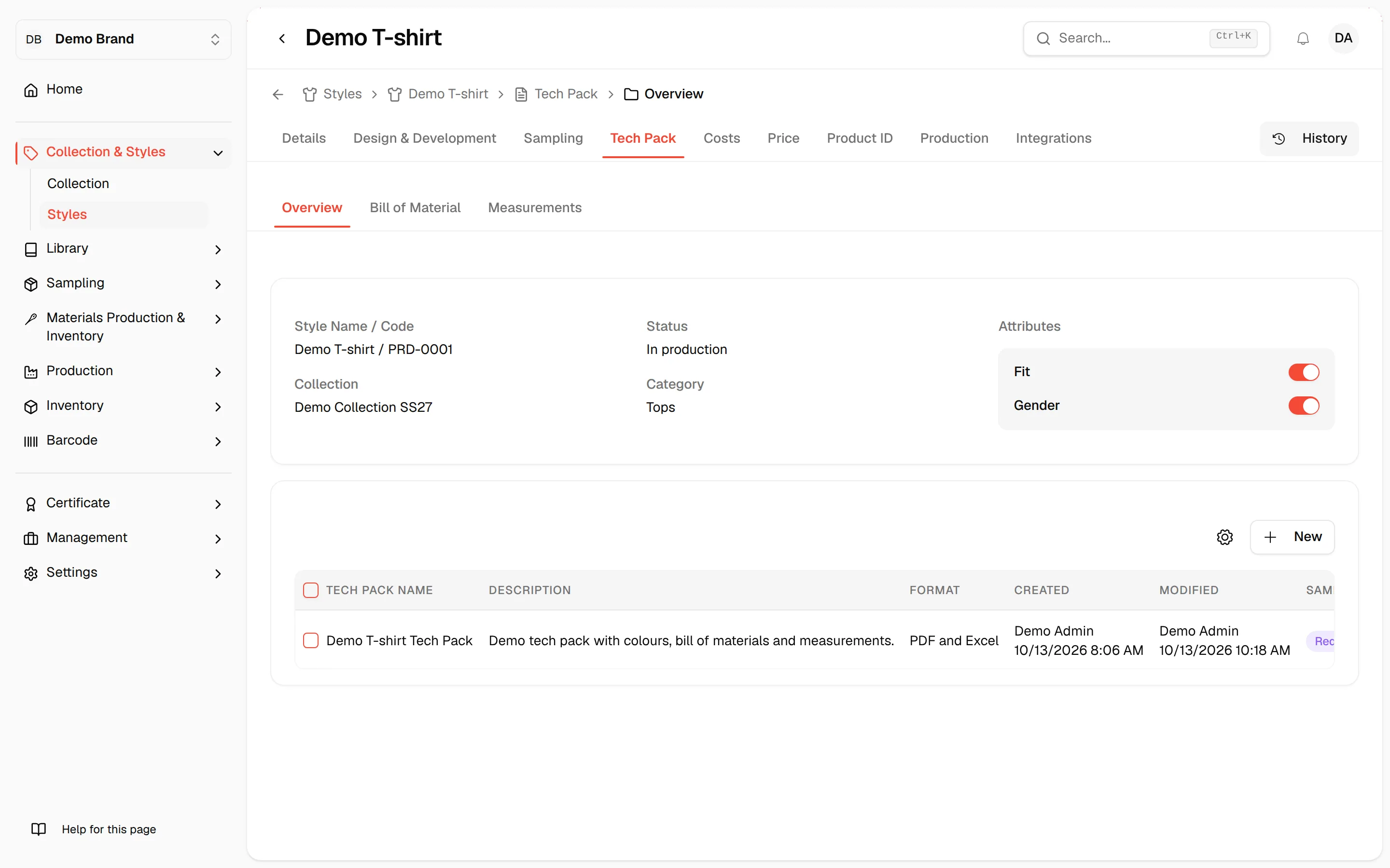 The Tech Pack Overview tab of Demo T-shirt with the tech pack list and the New button