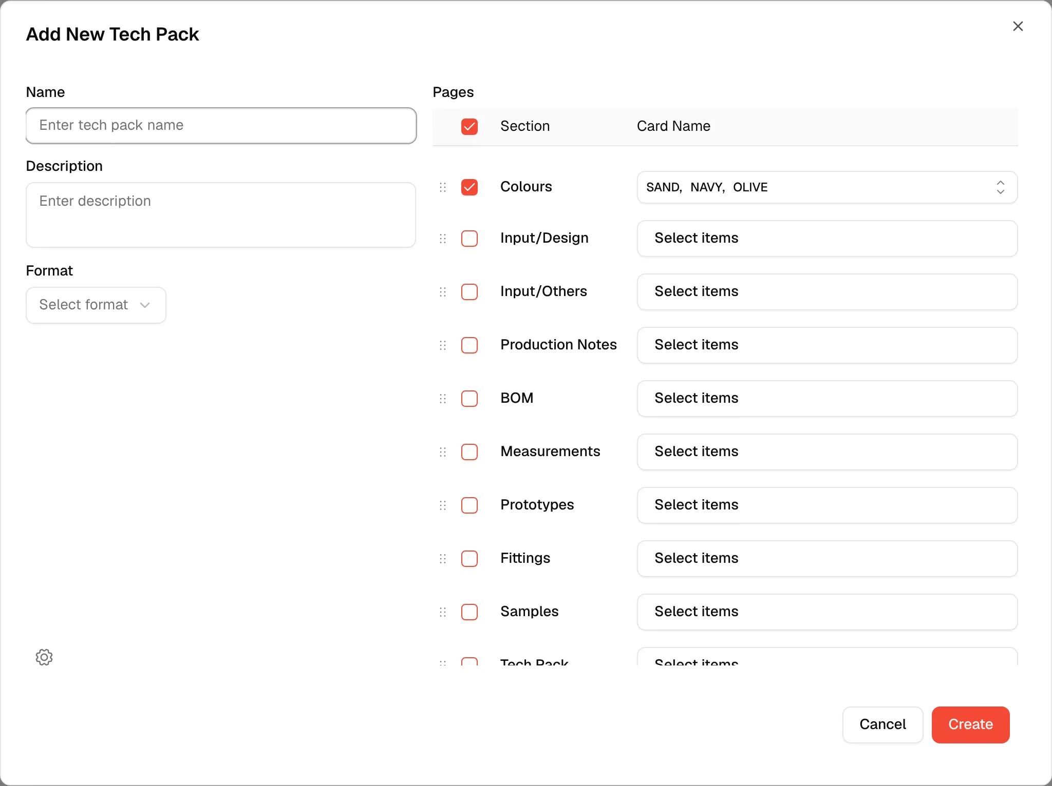 The Add New Tech Pack dialog with Name, Description, Format and the Pages table