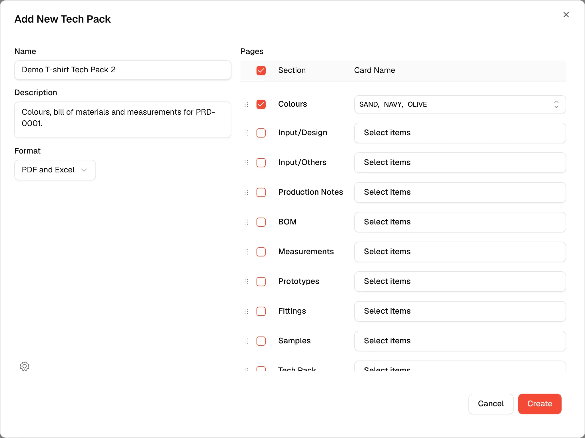 The dialog with a name, a description and the format PDF and Excel filled in