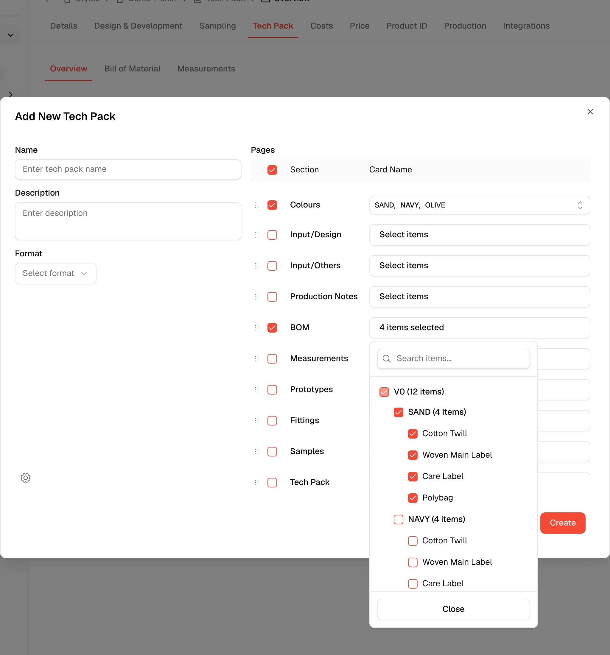 The card selector opened for the BOM section, listing colourways and their materials with SAND ticked