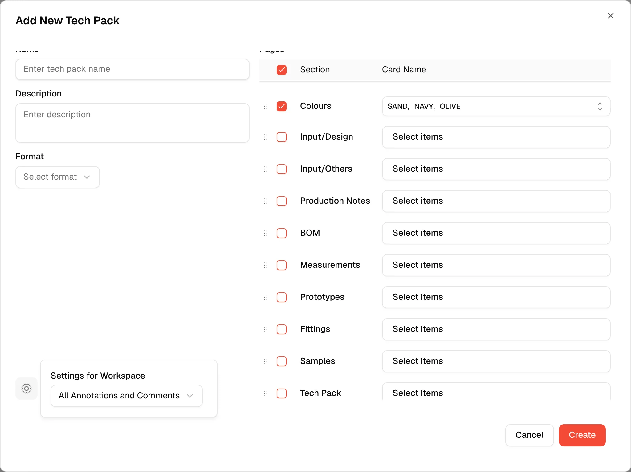 The Settings for Workspace popover next to the Format field